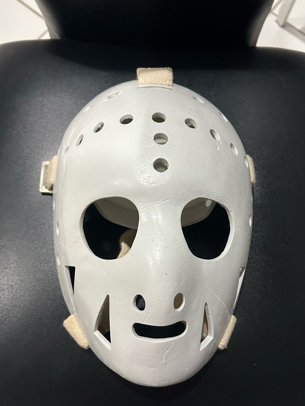 Goalie mask for display. Ernie Higgins design as worn by many classic NHL goalie